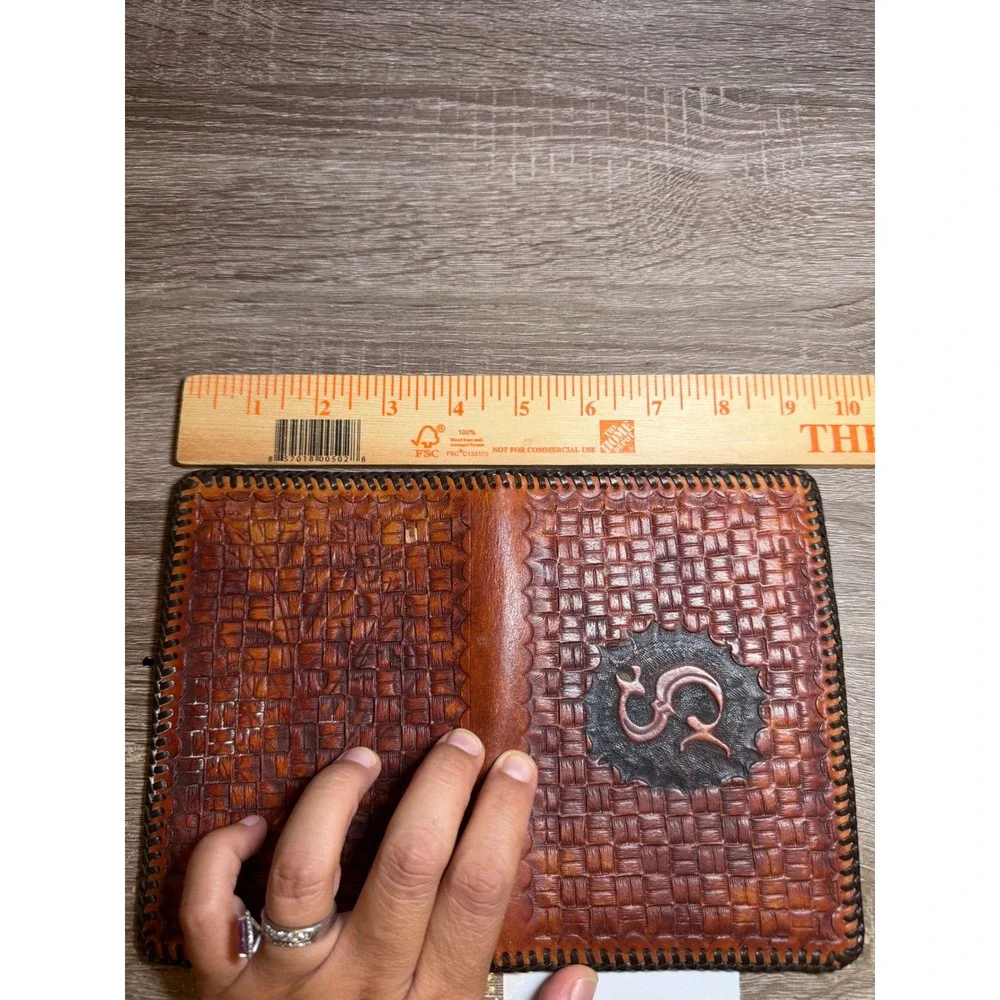 Leather Wallet or Planner Tooled Basketweave Monogram S Brown
